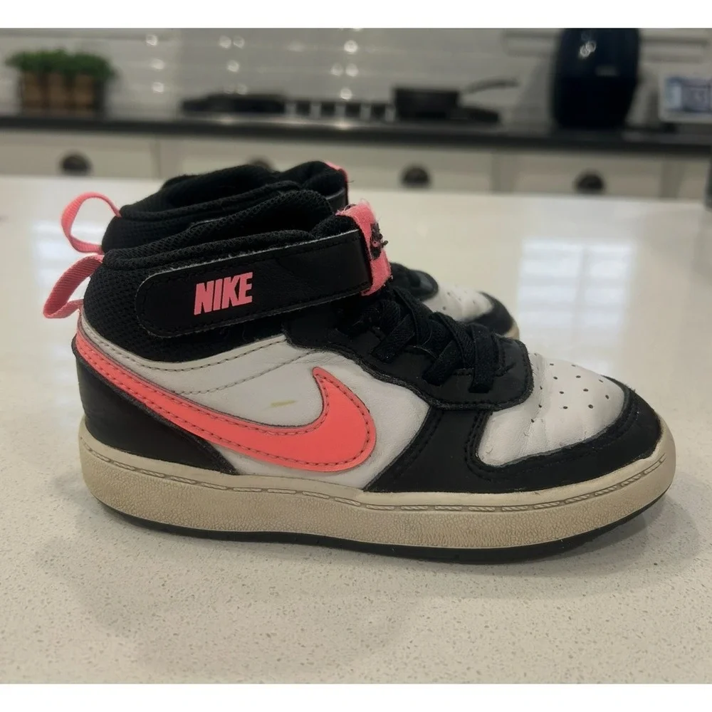 Nike Court Borough Mid 2 Kids 10C‎ High Top Sneakers Black White Pink Lace Up